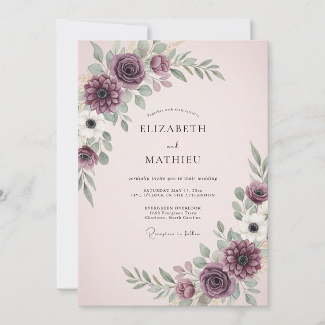 Invitation Mariage Floral Plum Moody (Devant)
