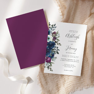 Invitation Mariage floral Plum Navy bleu aquarelle