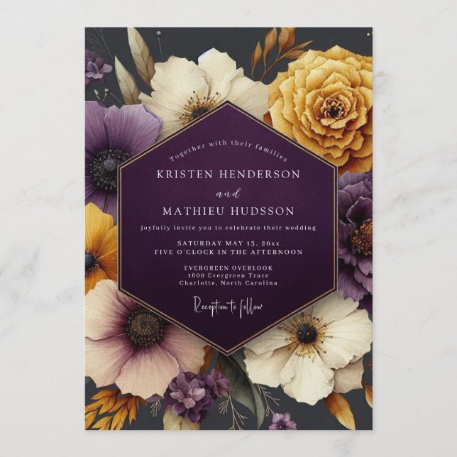 Invitation Mariage Floral Plum & Or Humeur (Devant)