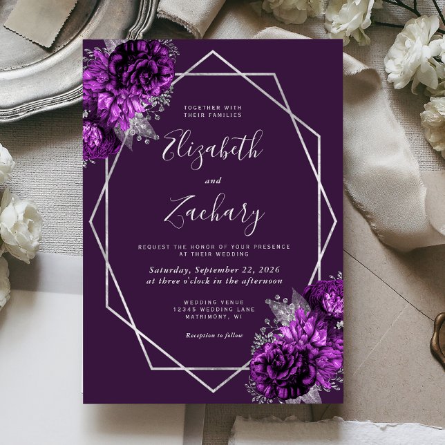 Invitation Mariage Floral Plum violet Argent (Créateur téléchargé)
