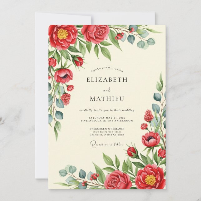 Invitation Mariage Floral Poétique Rouge (Devant)
