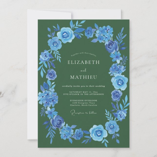Invitation Mariage Floral Poétique Vert Forêt (Devant)