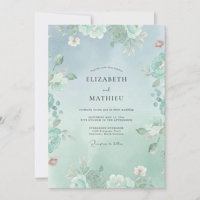 Invitation Mariage Floral Poétique Vert Menthe (Devant)