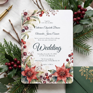 Invitation Mariage Floral Poinsettia Hiver Aquarelle