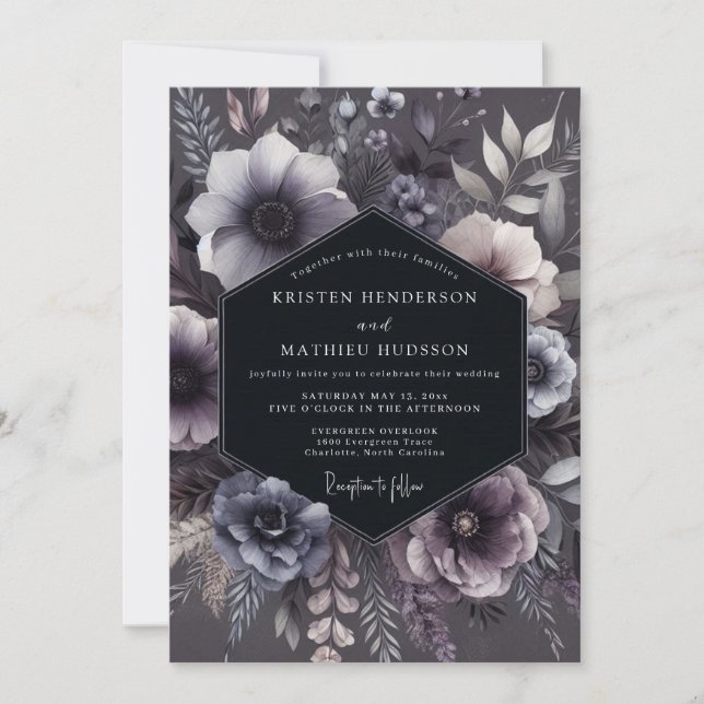 Invitation Mariage Floral Pourpre Ardoise Humeur (Devant)