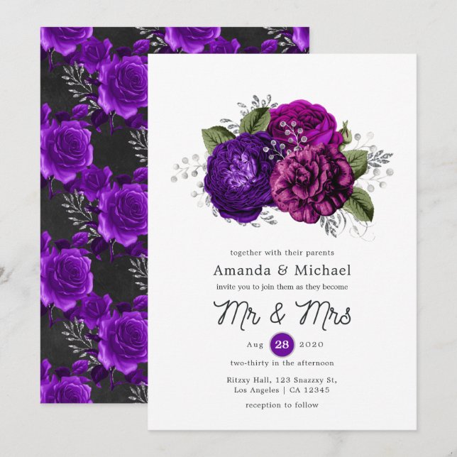 Invitation Mariage floral pourpre et argent royal (Devant / Derrière)