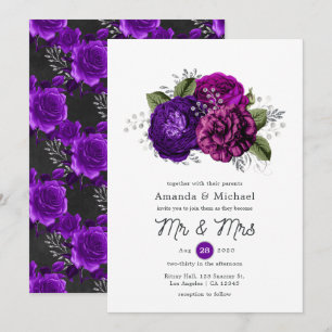 Invitation Mariage floral pourpre et argent royal