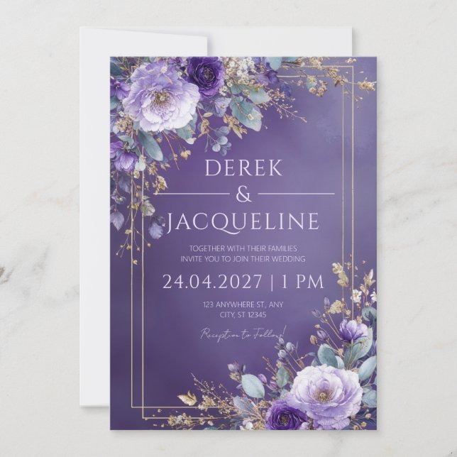 Invitation Mariage floral pourpre et or (Devant)