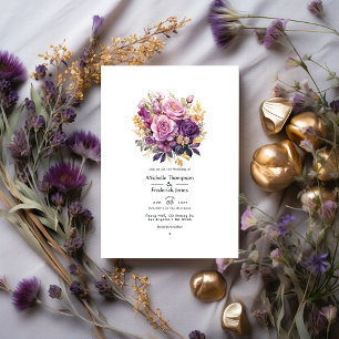 Invitation Mariage floral pourpre et or