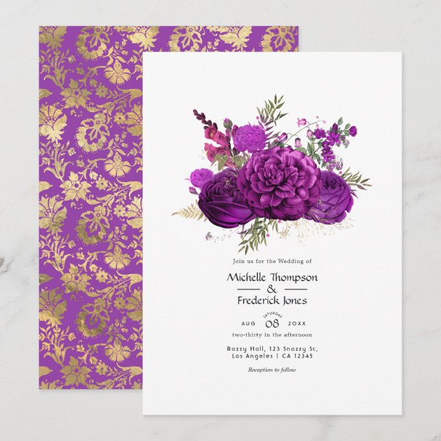 Invitation Mariage floral pourpre et or royal (Devant / Derrière)