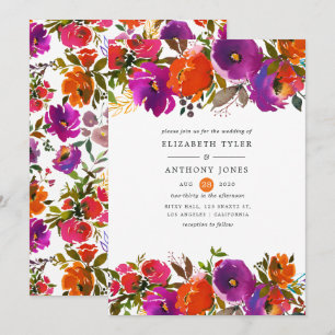 Invitation Mariage floral pourpre et orange