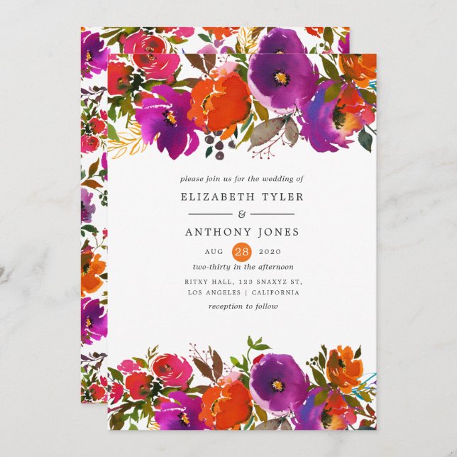 Invitation Mariage floral pourpre et orange (Devant / Derrière)