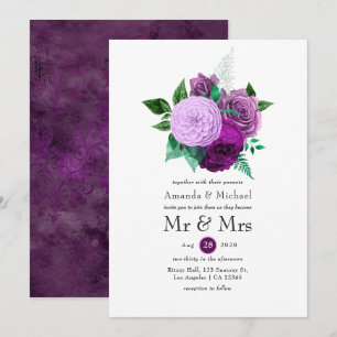 Invitation Mariage floral pourpre et vert