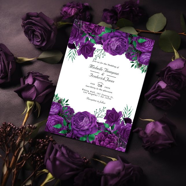 Invitation Mariage floral pourpre et vert QR Code Rsvp (Créateur téléchargé)