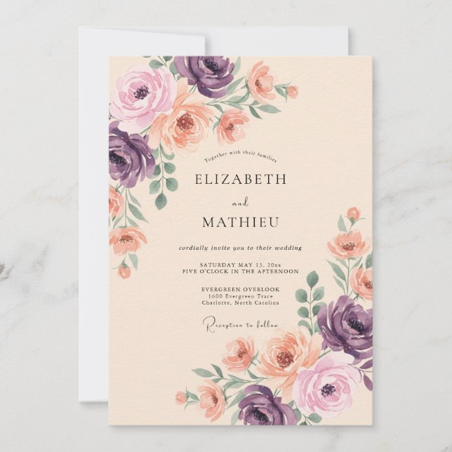 Invitation Mariage Floral Pourpre Pêche (Devant)
