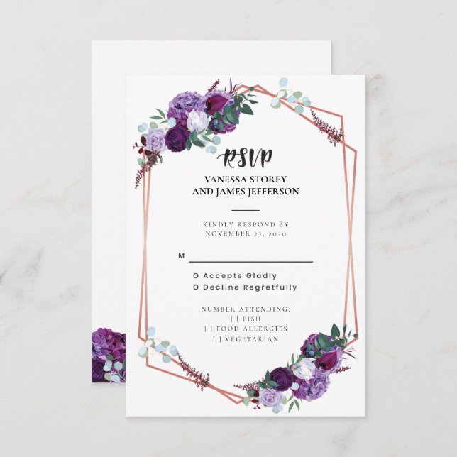 Invitation Mariage floral pourpre RSVP (Devant / Derrière)