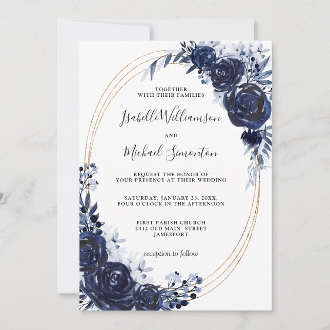 Invitation Mariage Floral Poussiéreux Bleu Rustique (Devant)