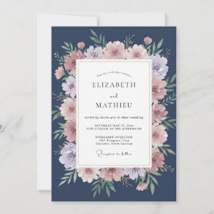 Invitation Mariage Floral Poussiéreux Rose Navy