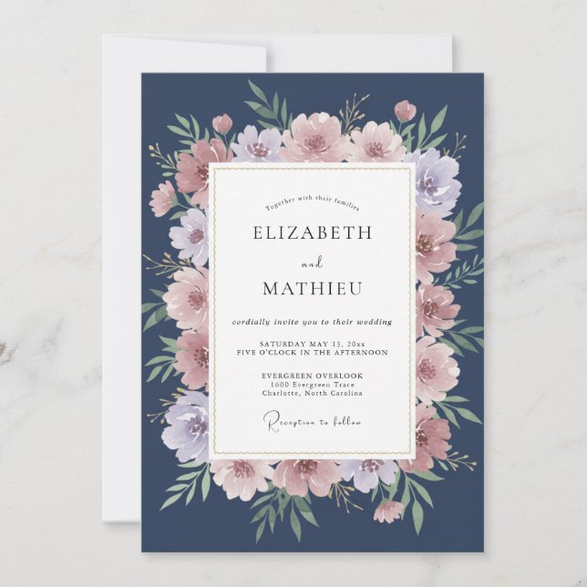 Invitation Mariage Floral Poussiéreux Rose Navy (Devant)