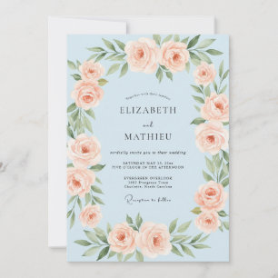 Invitation Mariage Floral Printanier Bleu Clair Douceur