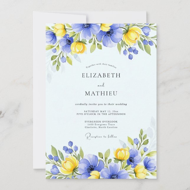 Invitation Mariage Floral Printanier Bleu Jaune (Devant)