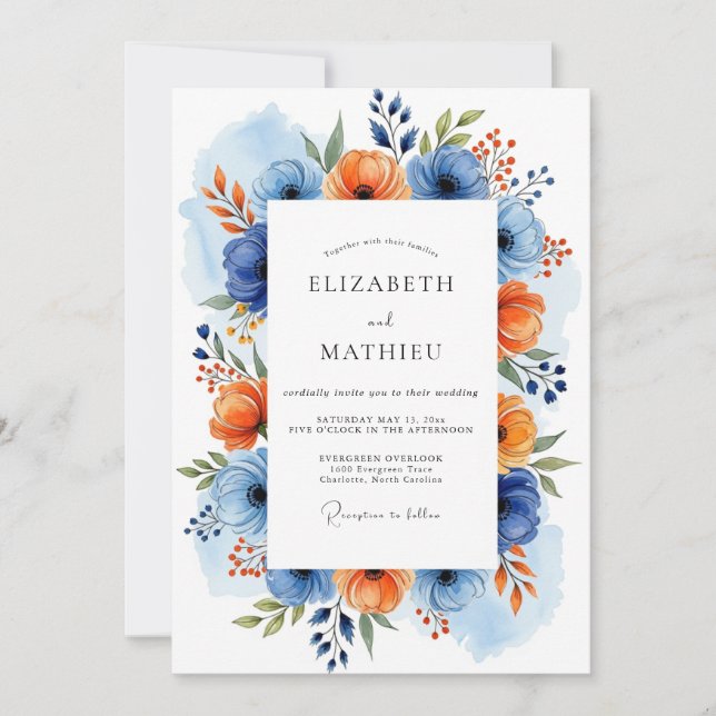 Invitation Mariage Floral Printanier Bleu Orange (Devant)