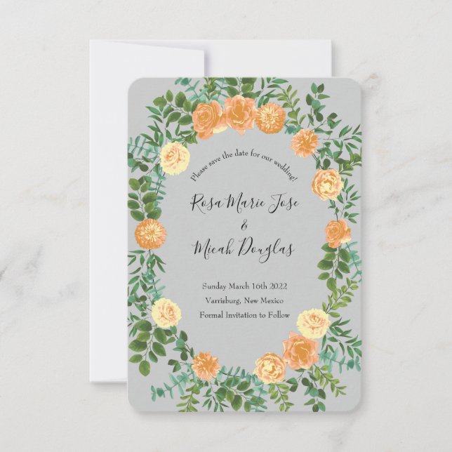 Invitation Mariage Floral Printanier Gris Pêche (Devant)