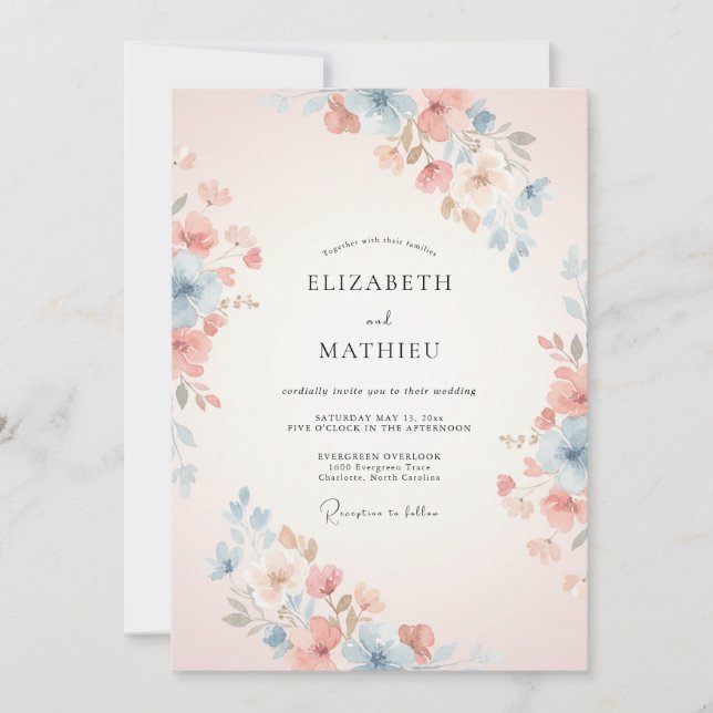 Invitation Mariage Floral Printanier Sublime de Pêche (Devant)