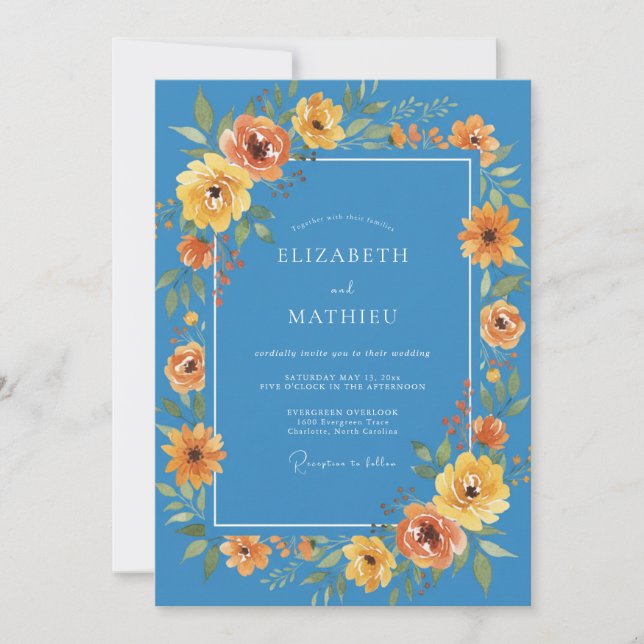 Invitation Mariage Floral Printanier Vibrant Bleu (Devant)