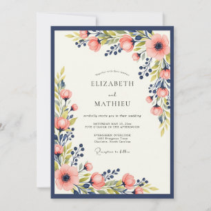 Invitation Mariage Floral Printanier Vibrant Bleu Nuit et Pêc