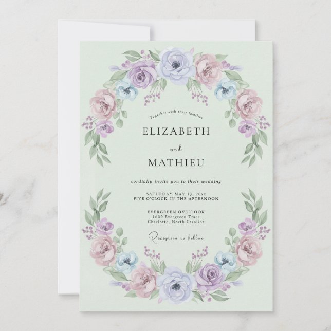 Invitation Mariage Floral Pristine Vert Menthe (Devant)