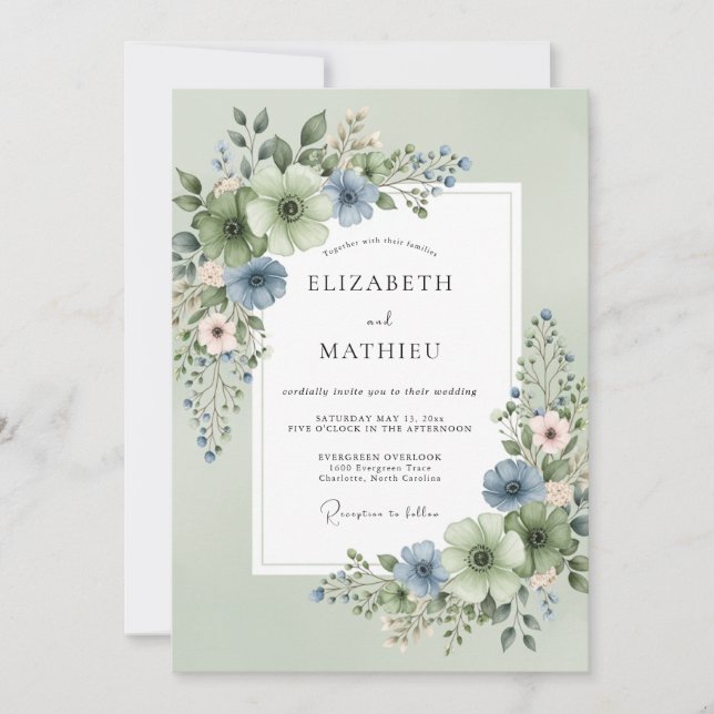 Invitation Mariage Floral Pristine Vert Sauge (Devant)