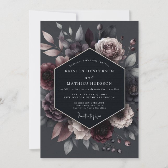 Invitation Mariage Floral Profond et Sombre de Prune (Devant)
