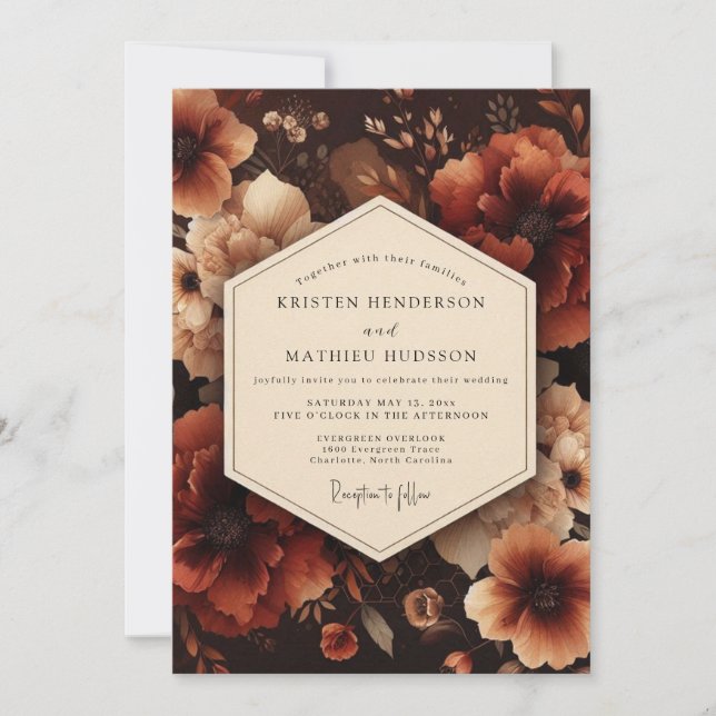 Invitation Mariage Floral Profond Rouge Récolte (Devant)