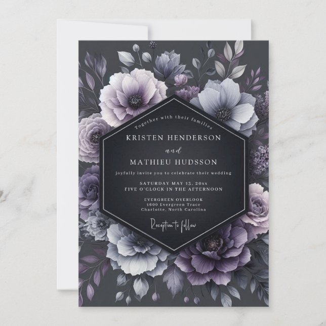 Invitation Mariage Floral Profondement Prune et Maussade (Devant)