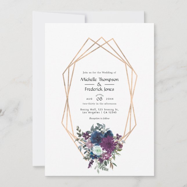 Invitation Mariage floral prune et marine (Devant)