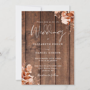 Invitation Mariage Floral QR Code Bois Rustique Automne
