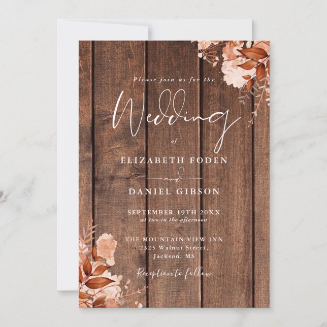 Invitation Mariage Floral QR Code Bois Rustique Automne (Devant)