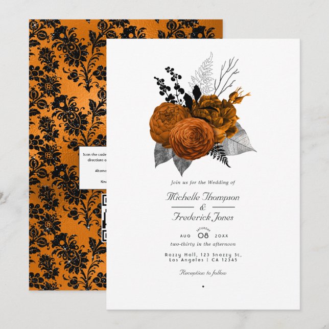 Invitation Mariage Floral QR Code Halloween noir et orange (Devant / Derrière)
