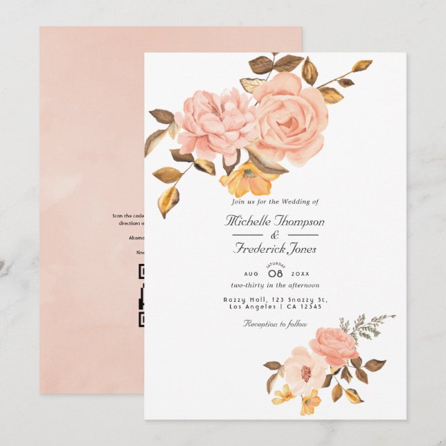 Invitation Mariage Floral QR Code RSVP Rose Pâle et Or (Devant / Derrière)