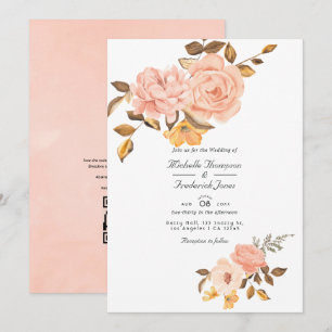 Invitation Mariage Floral QR Code RSVP Rose Pâle et Or