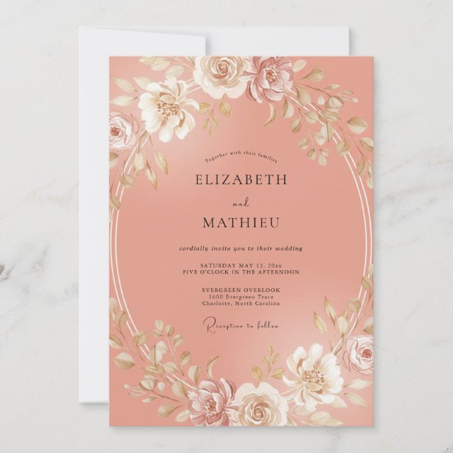 Invitation Mariage Floral Radiant Pêche (Devant)