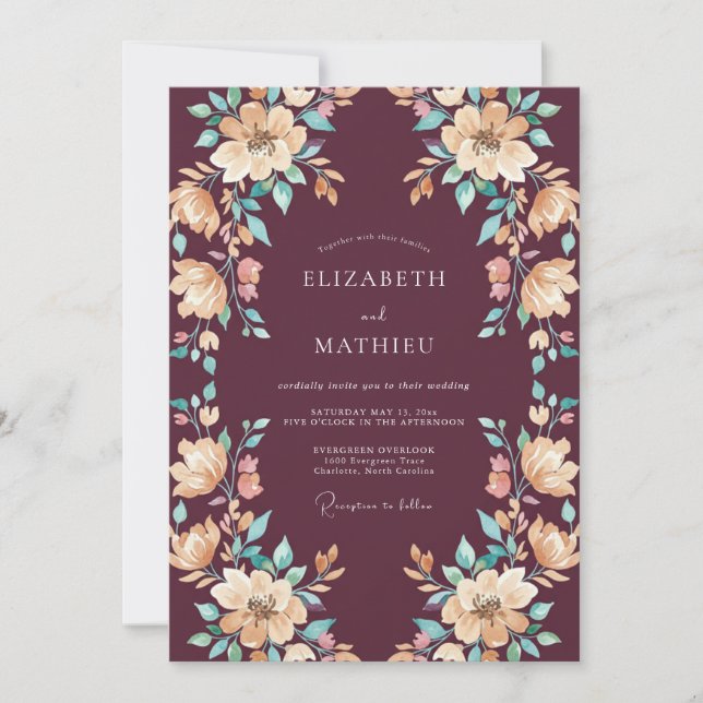 Invitation Mariage Floral Raffiné au Prune (Devant)