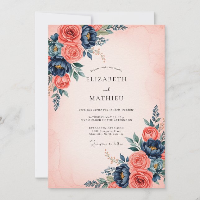 Invitation Mariage Floral Raffiné Bleu Nuit Corail (Devant)