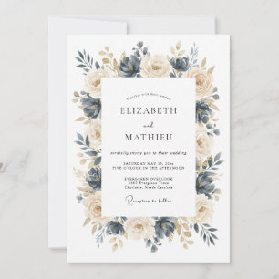 Invitation Mariage Floral Raffiné Champagne Navy