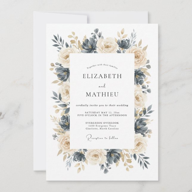 Invitation Mariage Floral Raffiné Champagne Navy (Devant)