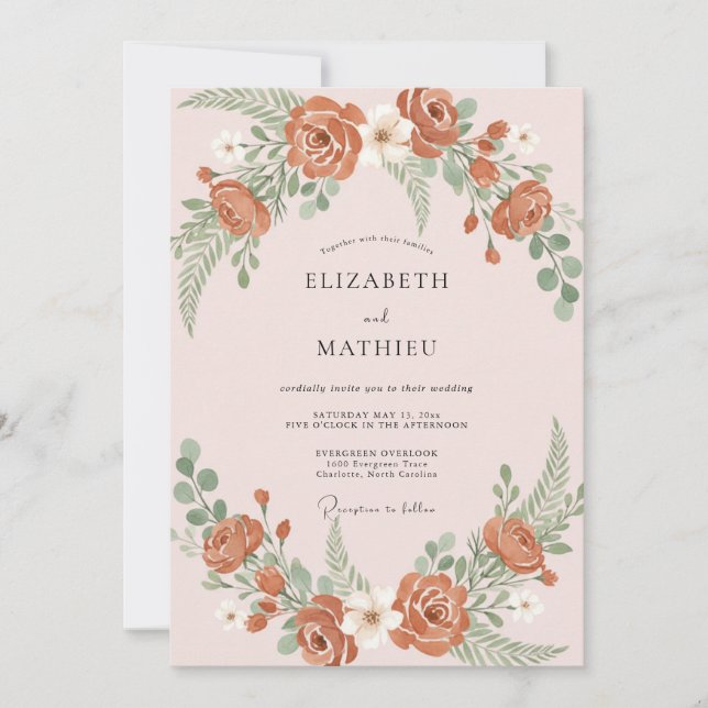 Invitation Mariage Floral Raffiné Terracotta (Devant)