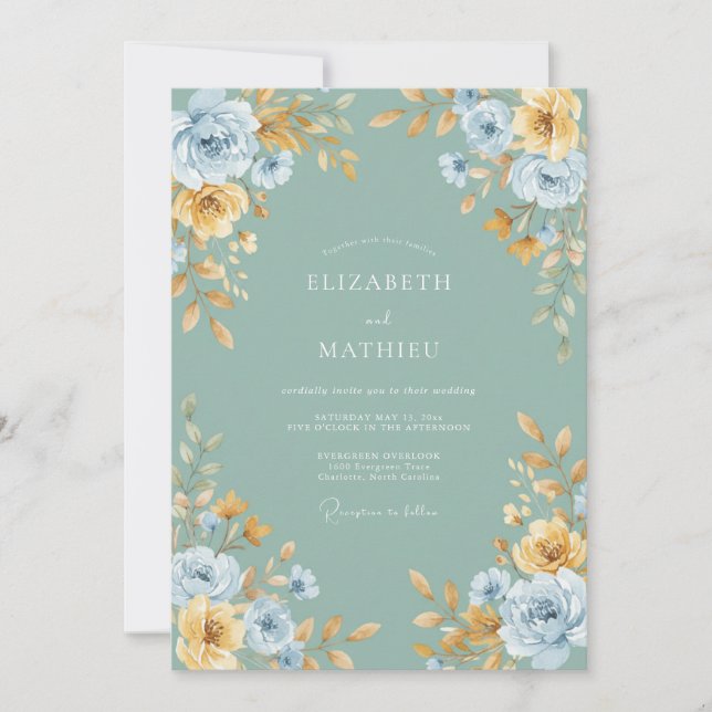 Invitation Mariage Floral Raffiné Vert Sauge (Devant)