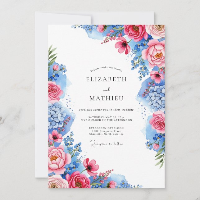Invitation Mariage Floral Ravissant Bleu Cobalt Rose (Devant)