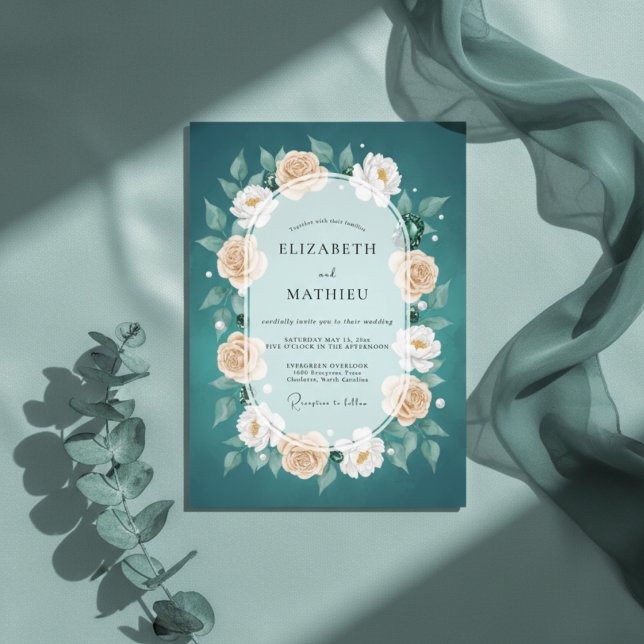 Invitation Mariage floral ravissant sarcelle (Créateur téléchargé)